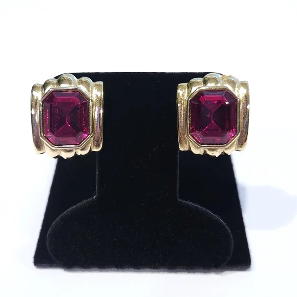Vintage Givenchy Red Rhinestone Faux Ruby Gold Tone Clip On Earrings - Picture 2 of 16